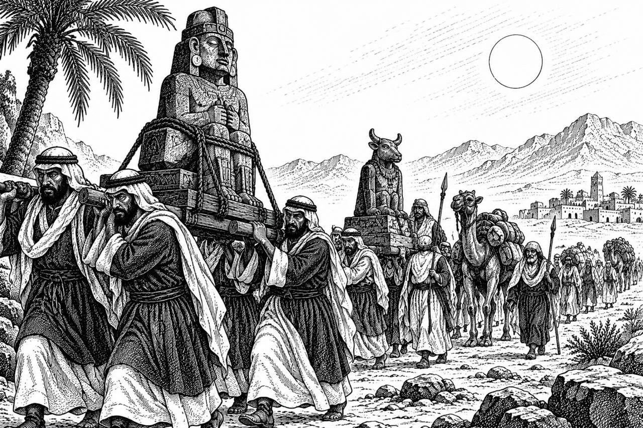 Terpengaruh tradisi kaum pagan keturunan Nabi Ismail mulai menambahkan keberadaan berhala dalam kehidupannya.(ilustrasi: Onoff)