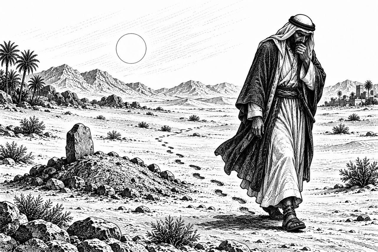 Abd Allāh, putra ‘Abd al-Muththalib, wafat di Yatsrib.(ilustrasi Onoff).