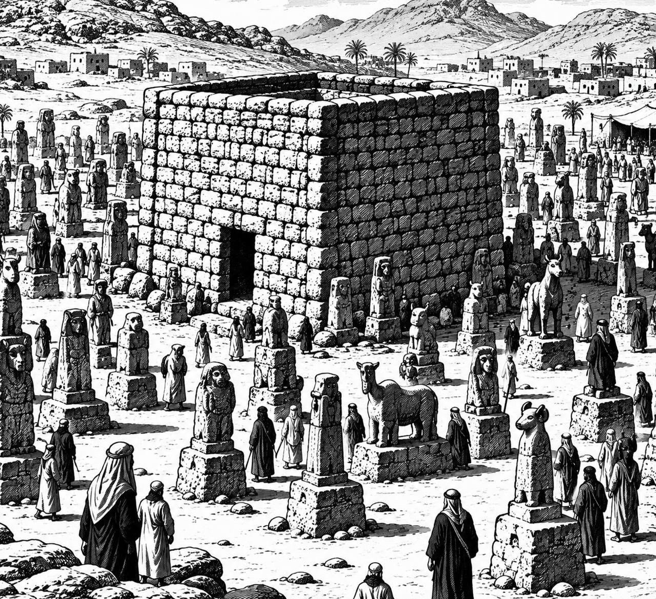 Suku Quraisy mengumpulkan semua berhala suku-suku yang tergabung dalam konfederasi lalu memasangnya di Haram, mengelilingi Ka’bah.(ilustrasi: Onoff)