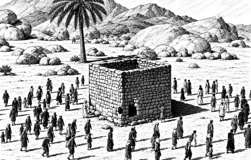 Benda paling suci di Ka’bah adalah sebongkah batu, yang menurut riwayat dibawa Jibril kepada Ibrahim dari suatu tempat di dekat Abu Qubaysy.(ilustrasi: Onoff)