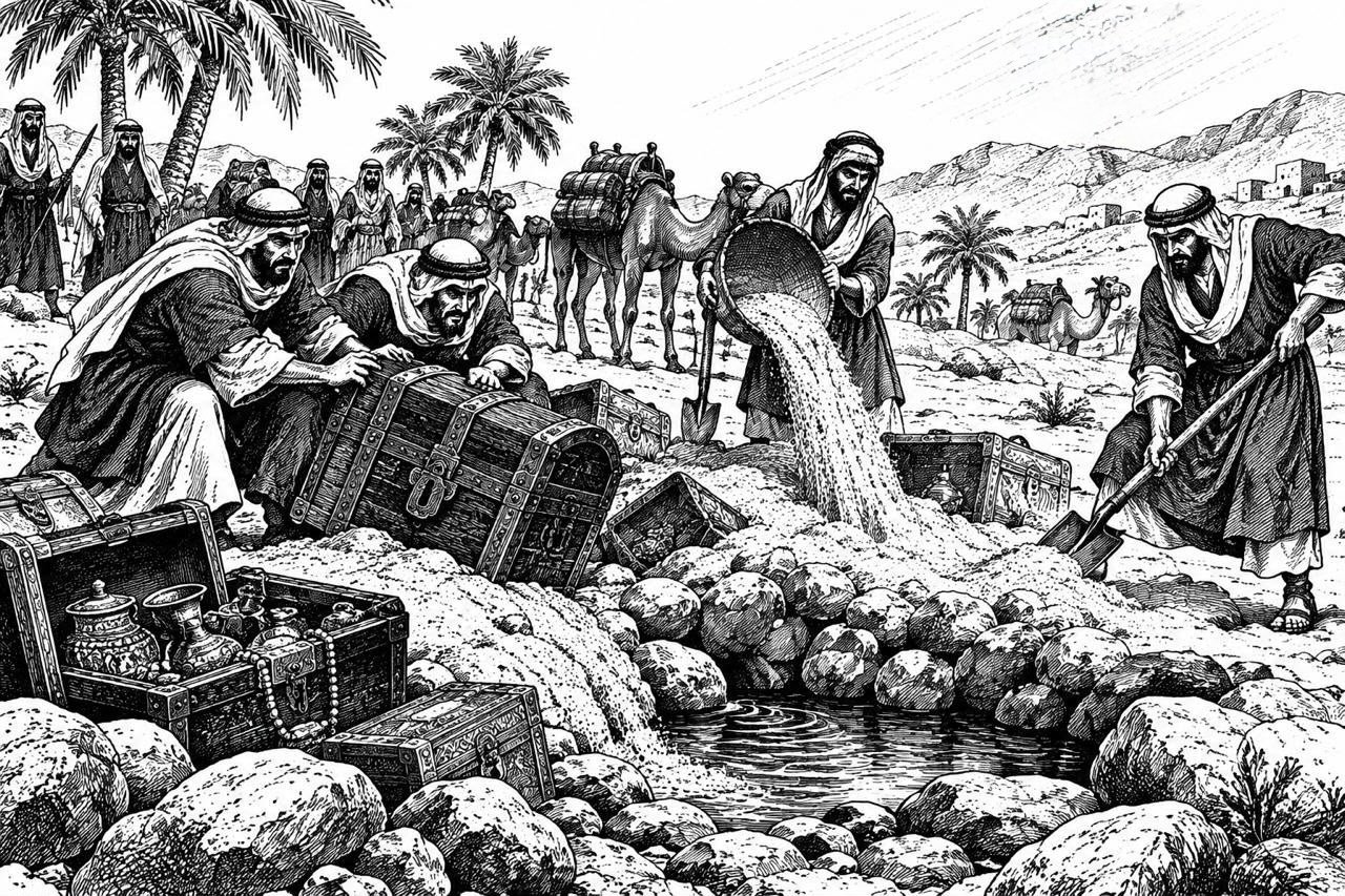 Terdorong rasa dendam karena diusir dari Mekah, kaum Jurhum menimbun sumur Zamzam dengan harta karun dan pasir gurun.(ilustrasi: Onoff)