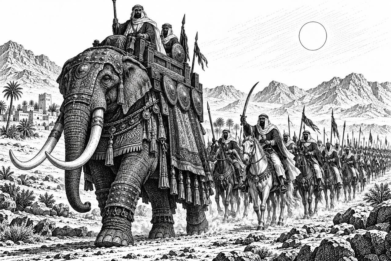 Gajah menjadi simbol bagi pasukan Abrahah dari Yaman yang ingin menghancurkan Ka’bah.(ilustrasi: Onoff)