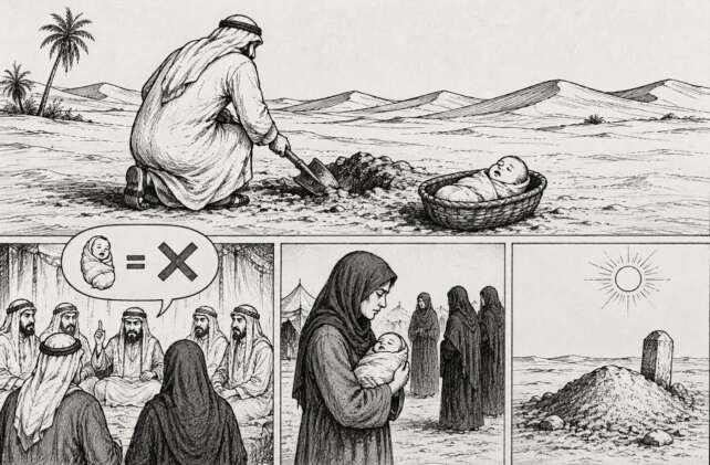 Dunia kegelapan melingkupi manusia jahiliah. Perempuan dipandang bukan lagi sebelah mata, tapi wajib “disudahi”. (Ilustrasi: Onoff)