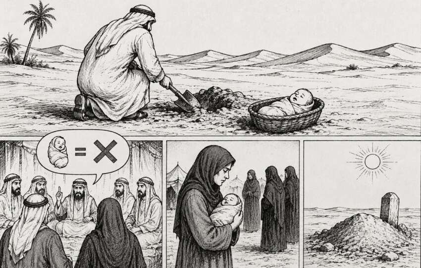 Dunia kegelapan melingkupi manusia jahiliah. Perempuan dipandang bukan lagi sebelah mata, tapi wajib “disudahi”. (Ilustrasi: Onoff)
