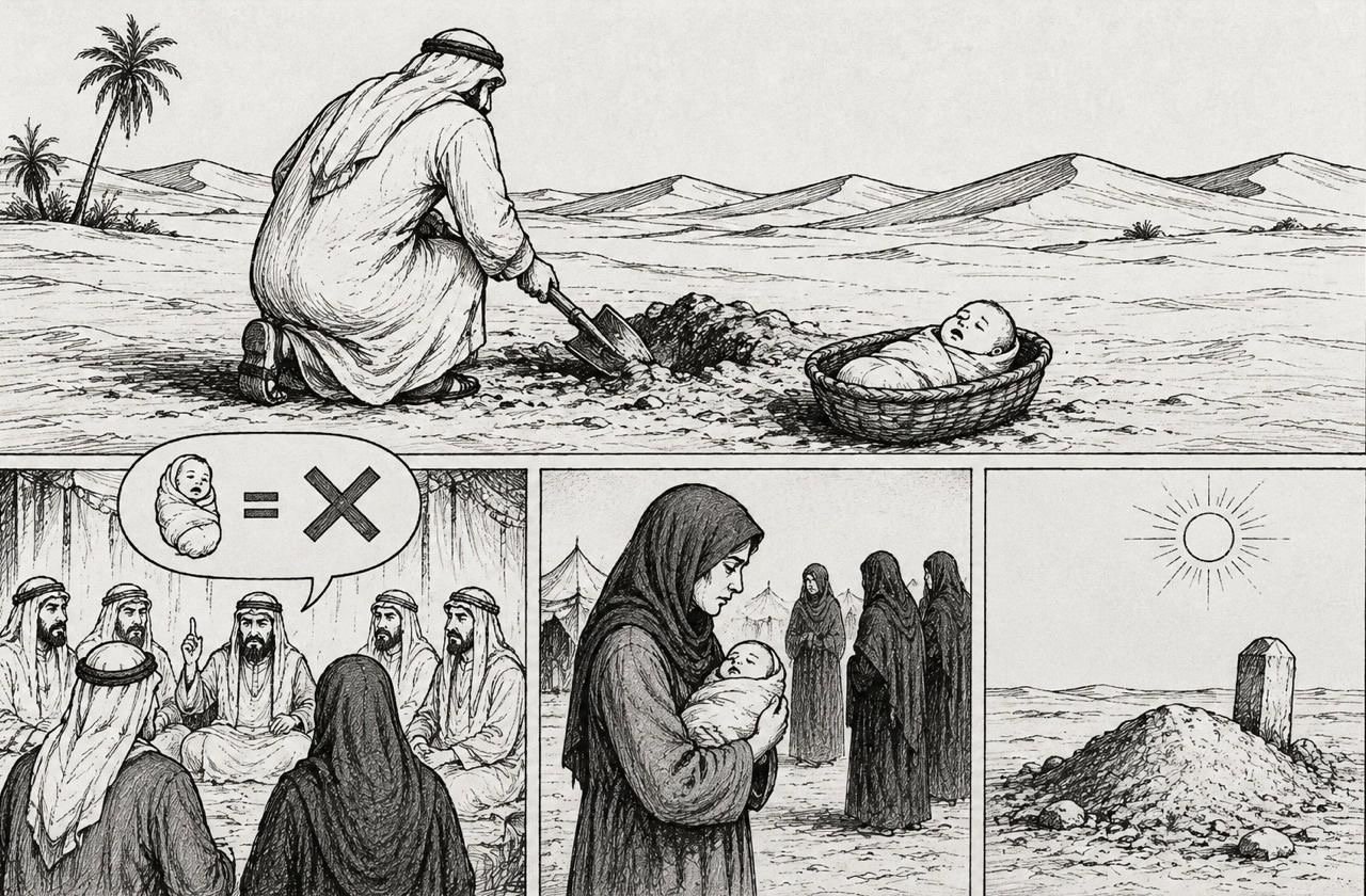 Dunia kegelapan melingkupi manusia jahiliah. Perempuan dipandang bukan lagi sebelah mata, tapi wajib “disudahi”. (Ilustrasi: Onoff)